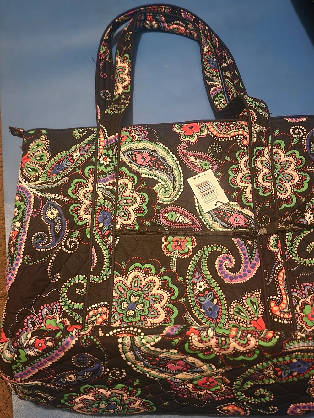 Vera Bradley Black Paisley Floral Quilted Tote with Pink, Green & Purple Accents